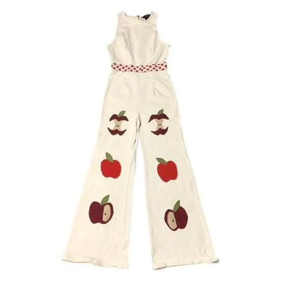 Handmade Pants - Custom Upcycled Apple Patchwork White Denim Jumpsuit Bootcut Small